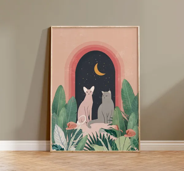 Cats and Tropical Plants Boho Poster, La Luna Art