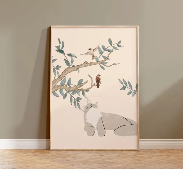 Lazy Cat and Birds Botanical Cat Wall Art Print