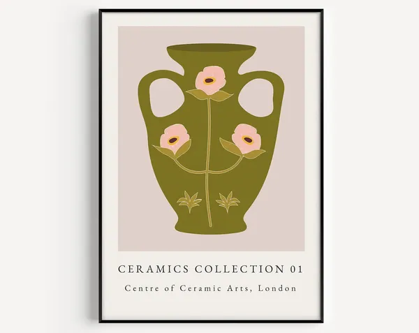 Boho Ceramic Vase Green Wall Art Print, Home Decor