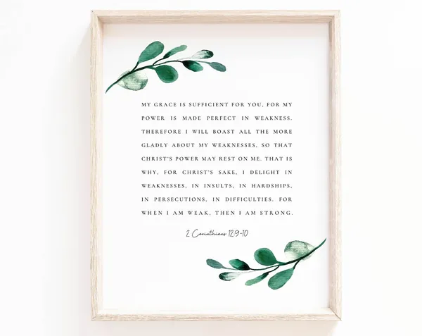 2 Corinthians 12:9-10 Botanical Scripture Art Print