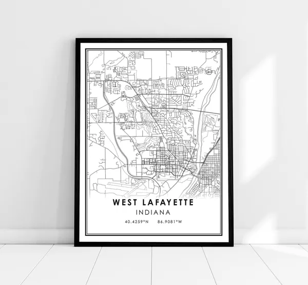 West Lafayette Map Poster, Indiana City Travel Print