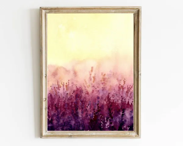 Lavender Field Sunset Fields Watercolor Art Print