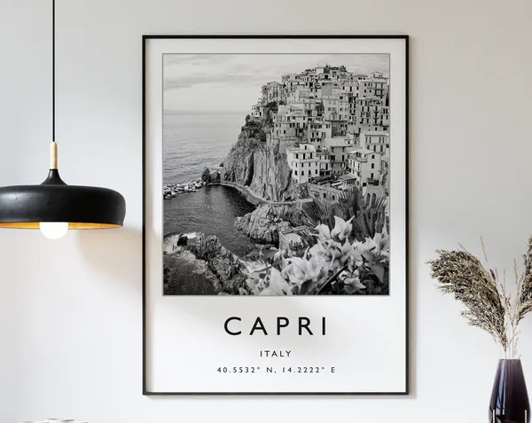 Capri Travel Poster, Black And White Italy Coast
