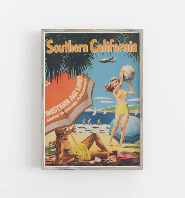Southern California Vintage Travel Poster, Beach Art