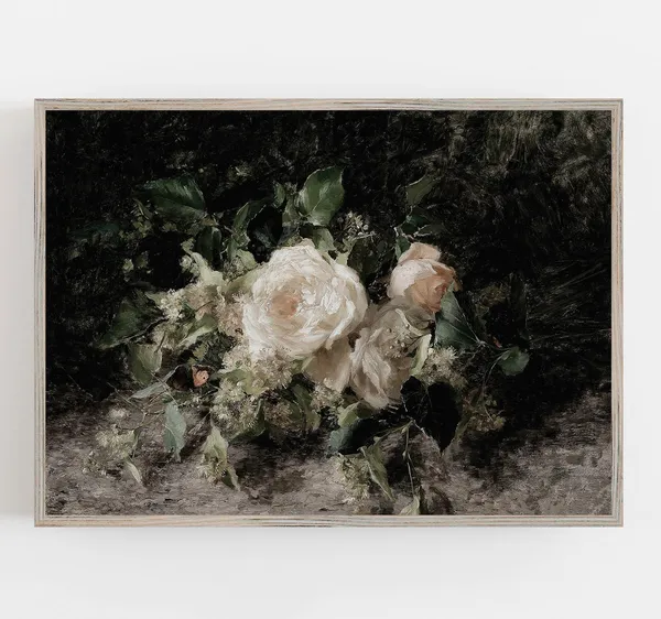 White Roses Vintage Floral Art Print, Muted Style