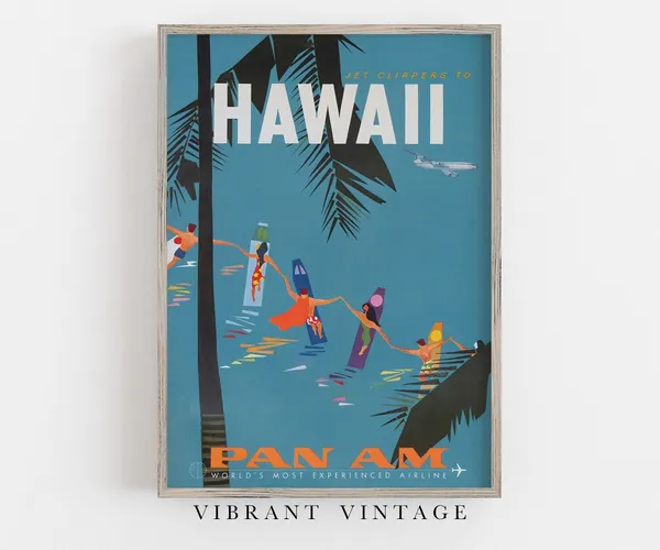 Hawaii Vintage Travel Poster, Surfers & Palm Trees