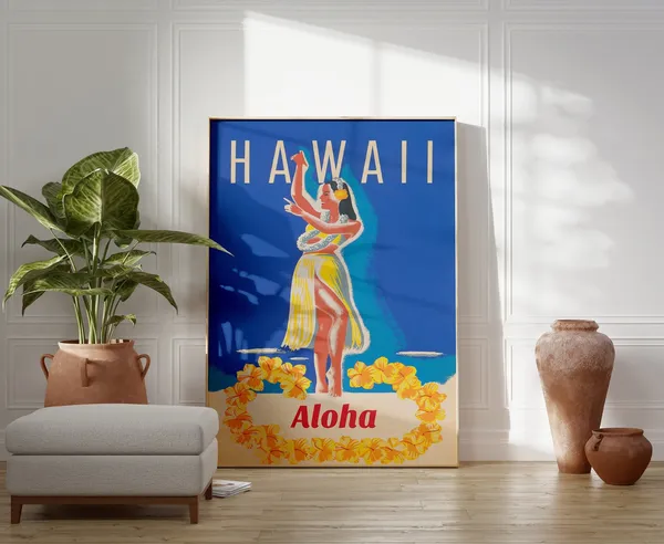 Hawaii Hula Girl Vintage Travel Poster, Retro Style