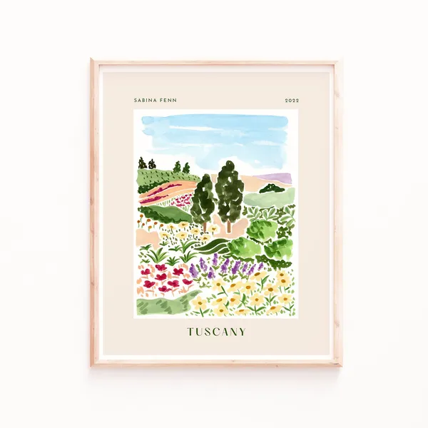 Tuscany Travel Poster, Watercolor Landscape Art Print