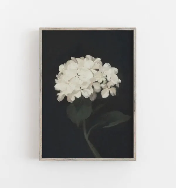 Hydrangea Vintage Flower Painting, Dark Moody Decor