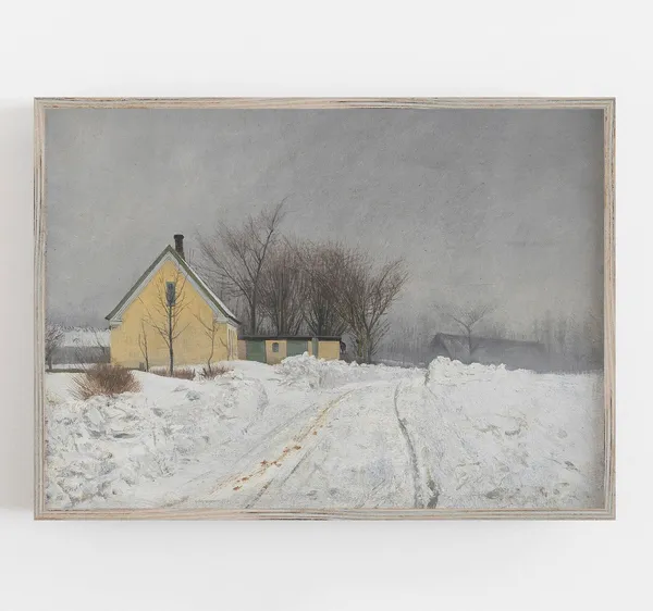 Yellow House In Snow, Vintage Winter Landscape Art Print