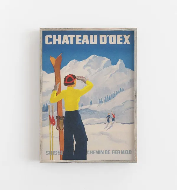 Vintage Ski Poster Switzerland, Chateau d'Oex Travel Poster