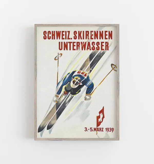 Switzerland Vintage Ski Travel Poster, Winter Sports Decor