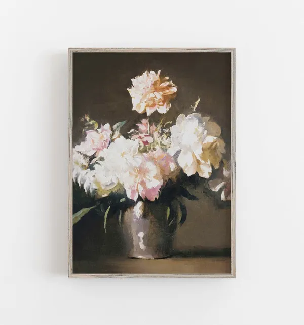 Pink Peonies Vintage Art Print, Farmhouse Decor