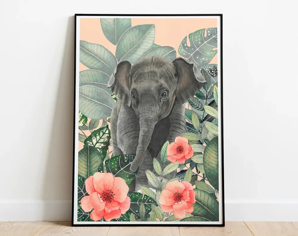 Elephant Jungle Illustration, Botanical Animal Art Print