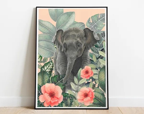 Elephant Jungle Illustration, Botanical Animal Art Print