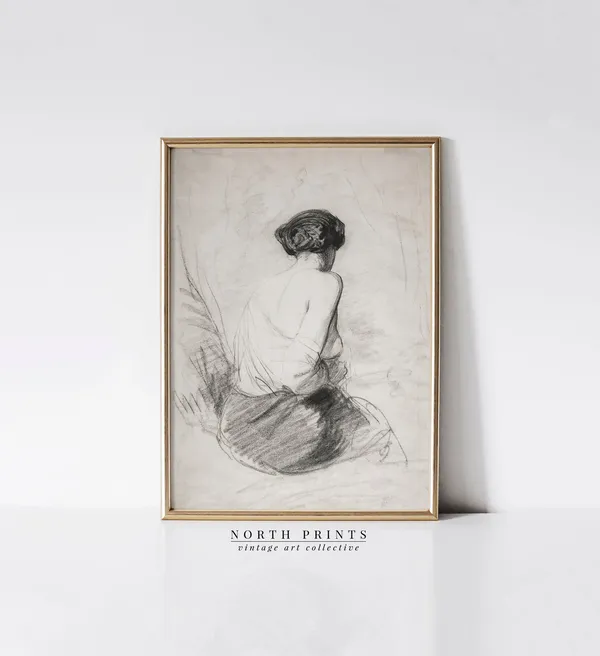 Antique Woman Sketch Art Print, Neutral Bathroom Decor