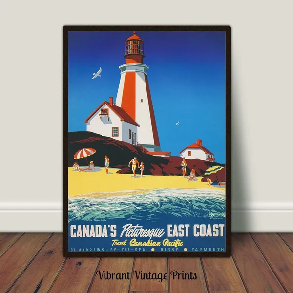 Canada Lighthouse Beach Travel Poster, Vintage
