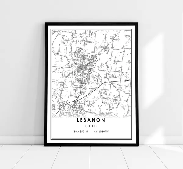Lebanon Map Poster, Ohio Road Travel Art Print
