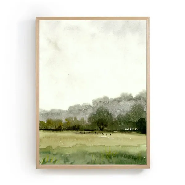Minimalist Green Landscape Fields Watercolor Art Print