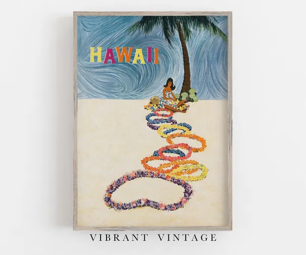 Hawaii Vintage Travel Poster, Flower Leis Art Print