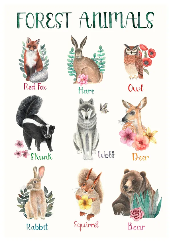 Cute Forest Animals Nursery Wall Art Print