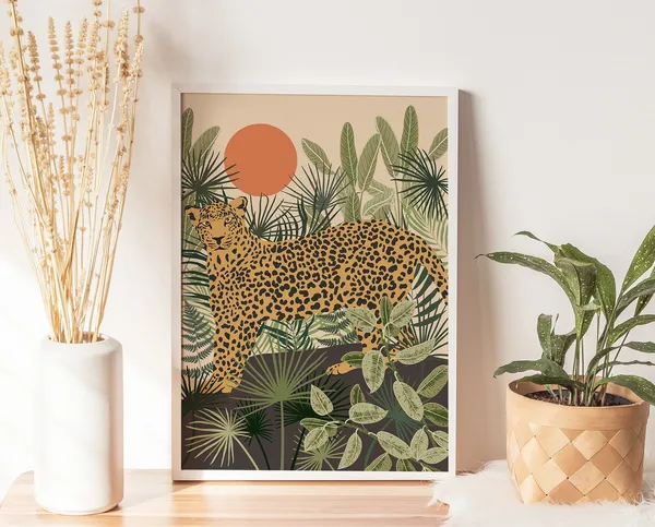 Leopard Wall Art, Boho Leopard and Tropical Plant Art Print