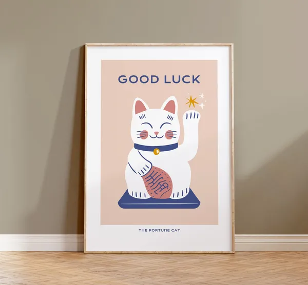 Fortune Cat Lucky Cat Quote Poster, Cat Home Decor