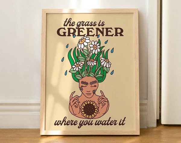 Retro Flowers Positivity Quote Art Print