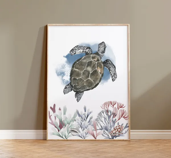 Sea Turtle Watercolor Art Print, Nautical Theme