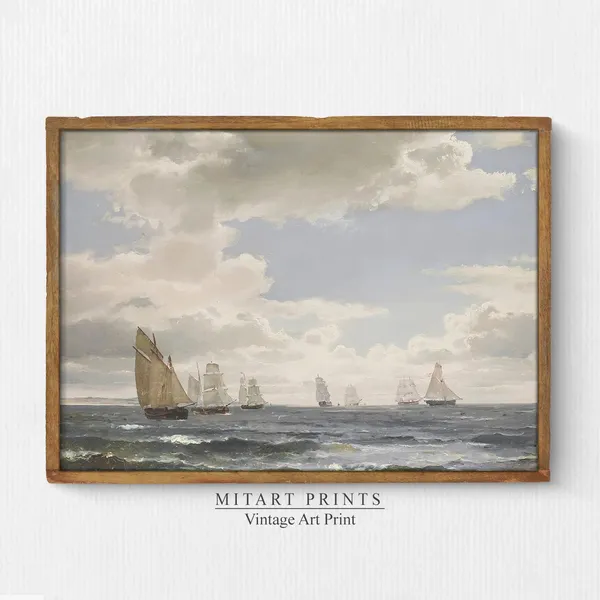 Vintage Seascape Painting, Antique Ship Poster