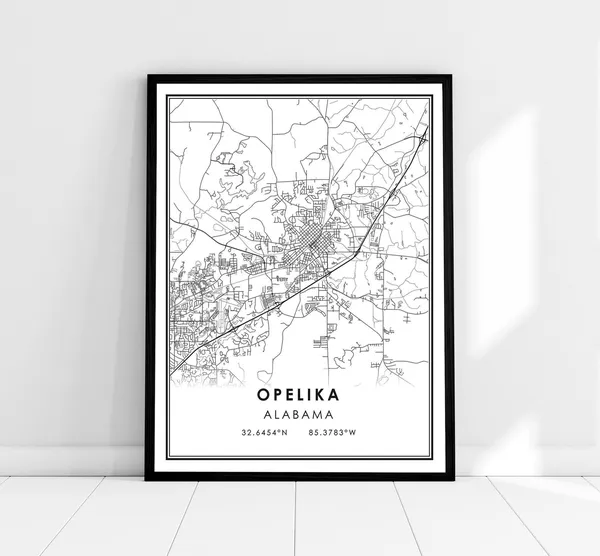 Opelika Map Poster, Alabama Travel Print