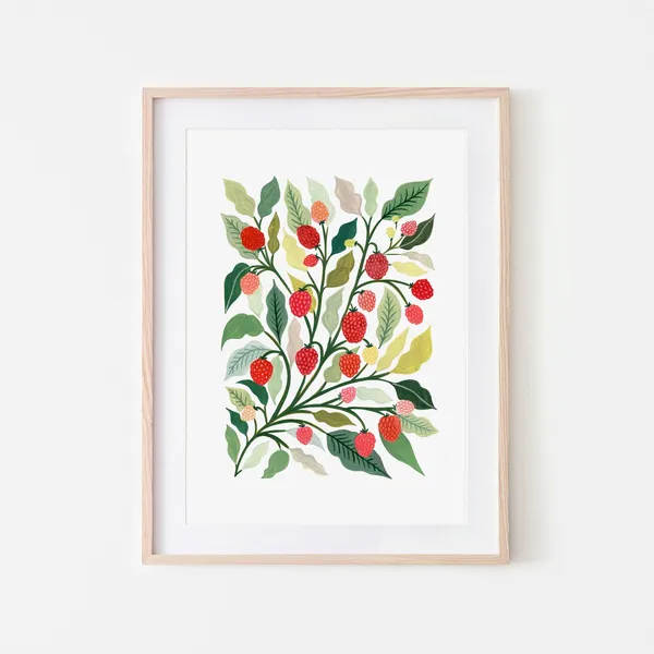 Raspberry Botanical Art Print, Modern Farmhouse