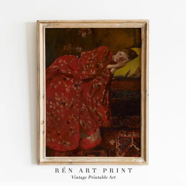 Antique Portrait Oil Painting Girl in Red Kimono, Vintage