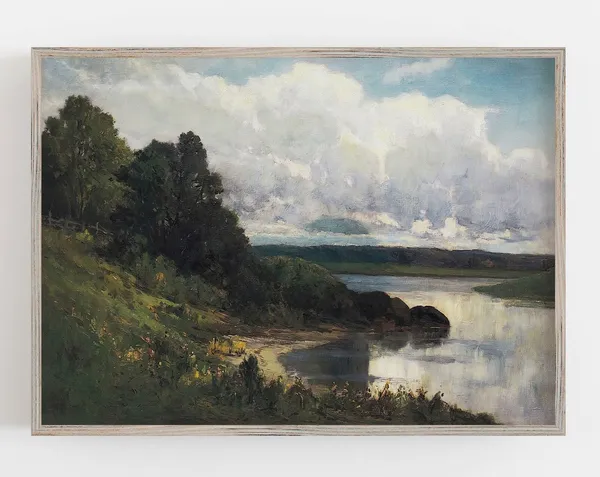 River Landscape, Vintage Neutral Wall Art Print