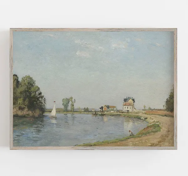 Vintage River Landscape Art Print, Neutral Decor