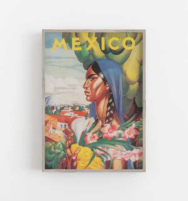Mexico Vintage Travel Poster, Woman With Flowers