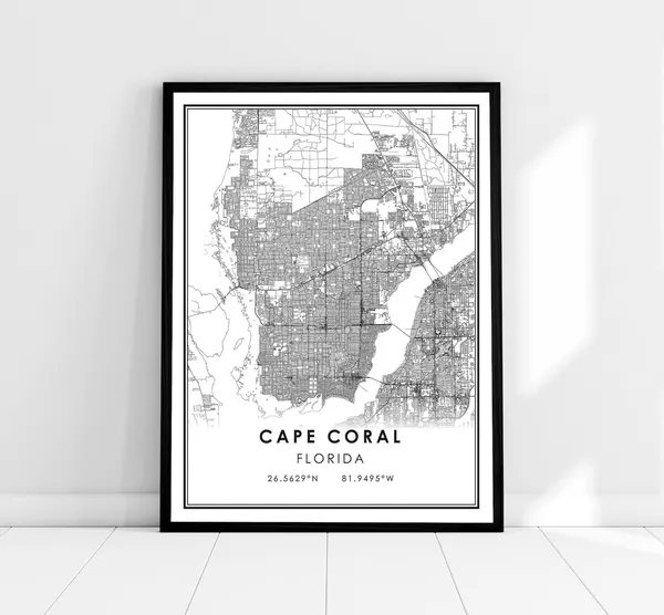 Cape Coral Map Print, Florida City Travel Poster
