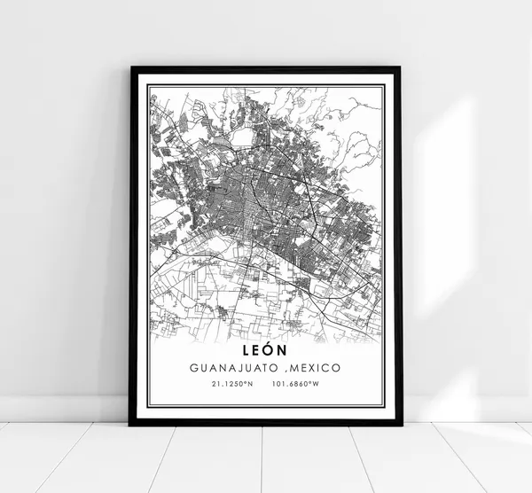 León, Mexico Map Art Print, Travel Poster