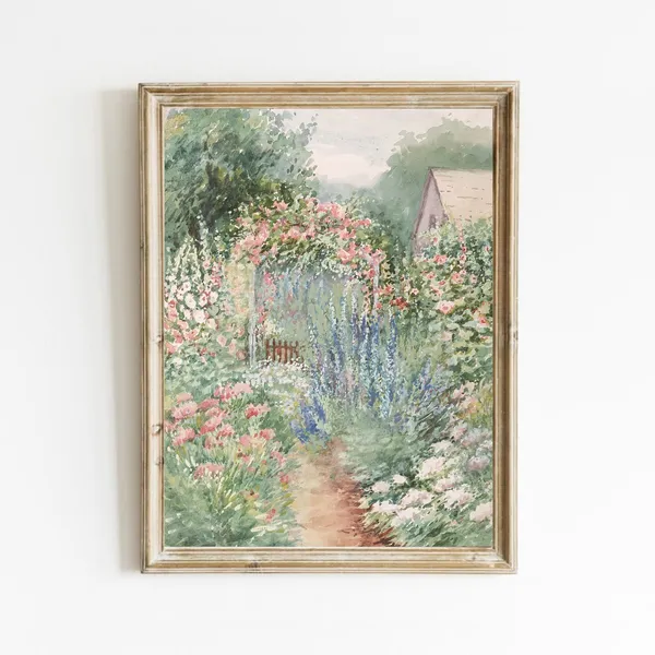 Flower Garden Vintage Country Landscape Art Print