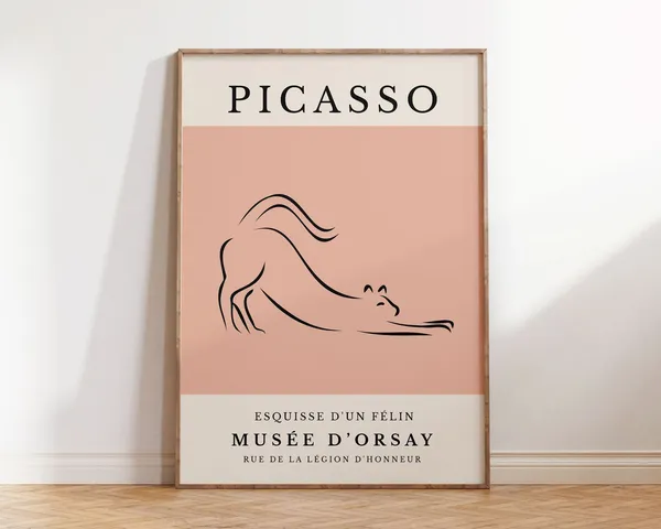 Picasso Cat Line Art Print, Pink Minimalist Poster