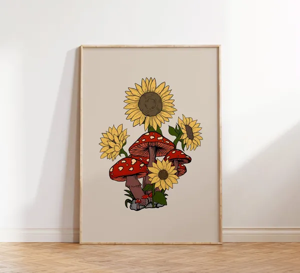 Sunflower Mushroom Retro Art Print, Hippie Decor