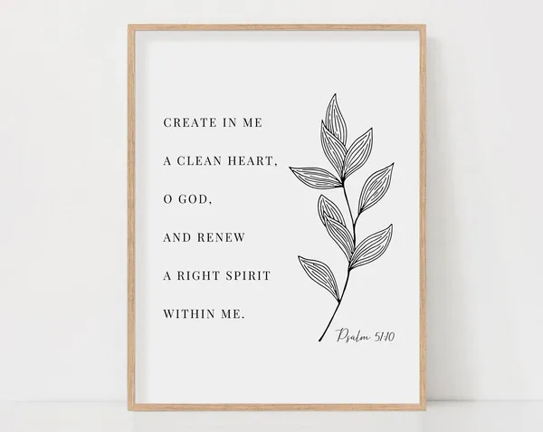 Psalm 51:10 Botanical Scripture Art Print, Christian Home