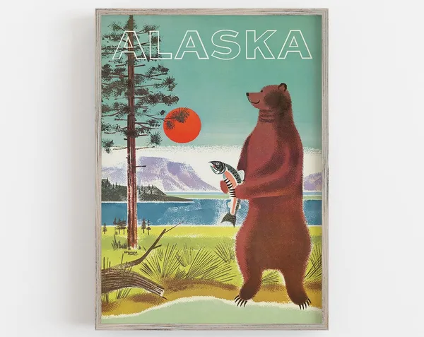 Alaska Bear Vintage Travel Poster, Alaska Wall Art
