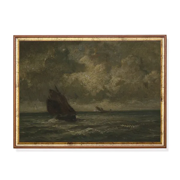 Moody Sailboat Oil Painting, Vintage Seascape Art