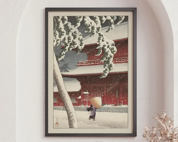 Kawase Hasui Snow at Zojoji Temple, Vintage Poster