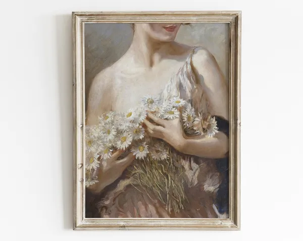 Vintage Woman Figure and Daisy Floral Art Print
