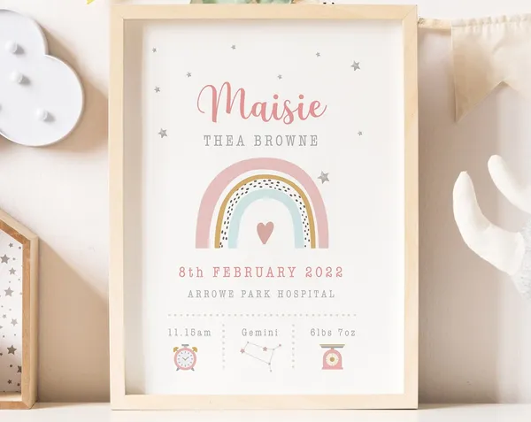 Personalised Rainbow Nursery Decor Birth Stats Print