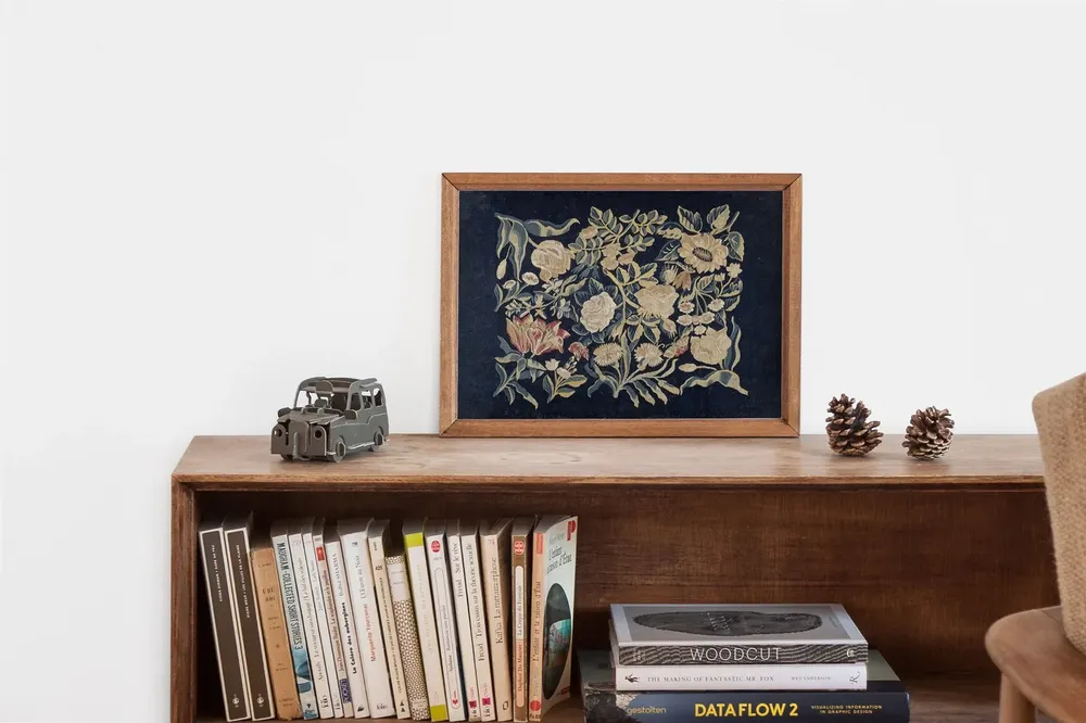 Vintage Textile Wall Art, Blue Floral Tapestry Print - Image 2