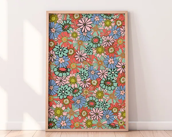 Retro Floral Pattern Art Print, 60s 70s Retro