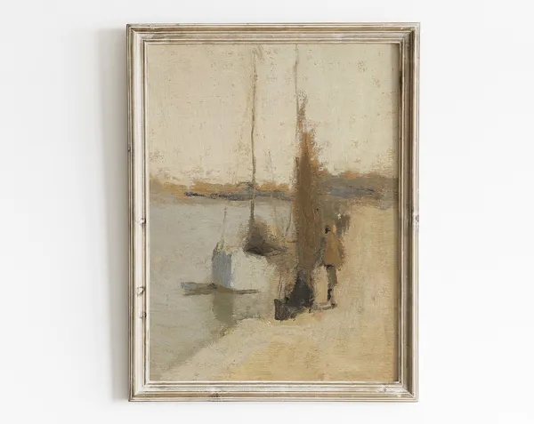 Vintage Neutral Sailboat Oil Painting Art Print